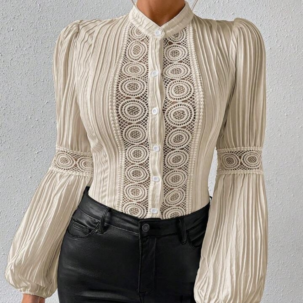 Women's Lace Splicing Lantern Sleeve Shirt - Picture 7 of 7